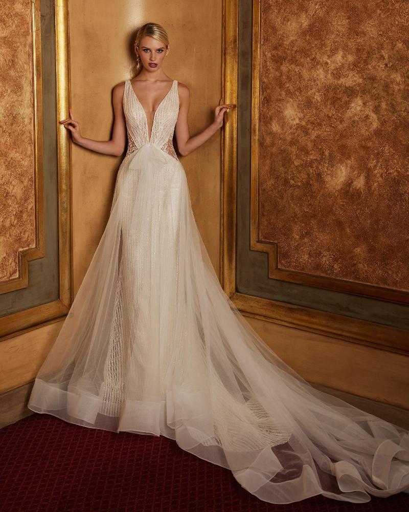 122114 deep v neck wedding dress with straps and a line silhouette1